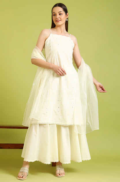 White Embroidered Pure Cotton Straight Spaghetti Kurta and Sharara Set with Dupatta