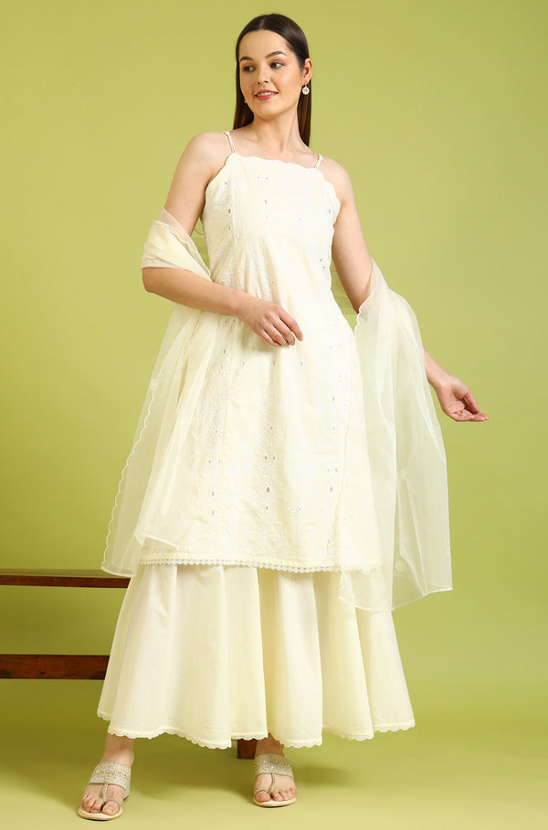 White Embroidered Pure Cotton Straight Spaghetti Kurta and Sharara Set with Dupatta