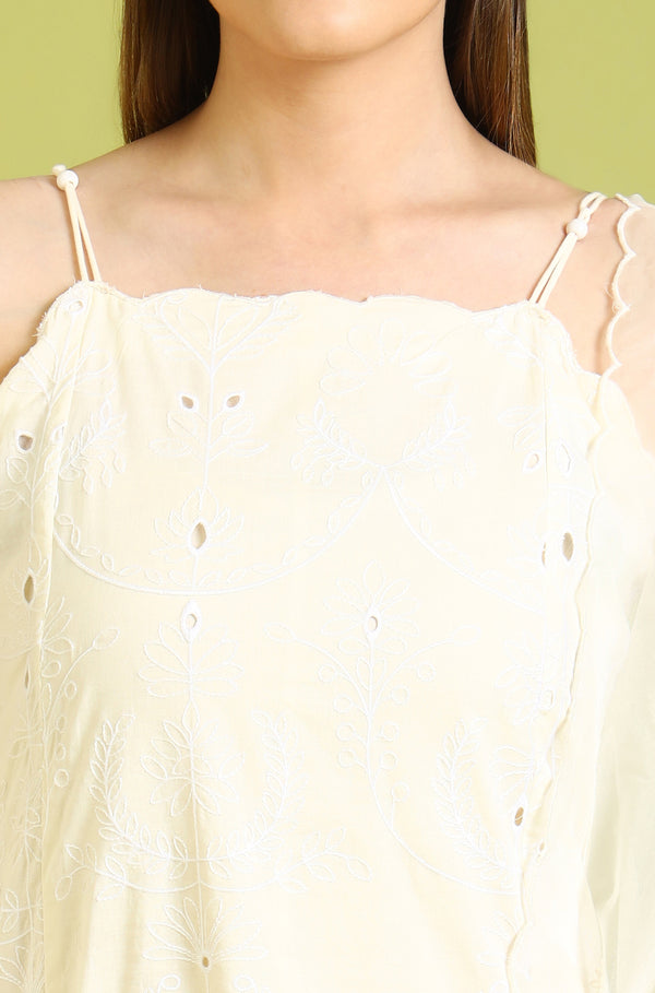 White Embroidered Pure Cotton Straight Spaghetti Kurta and Sharara Set with Dupatta