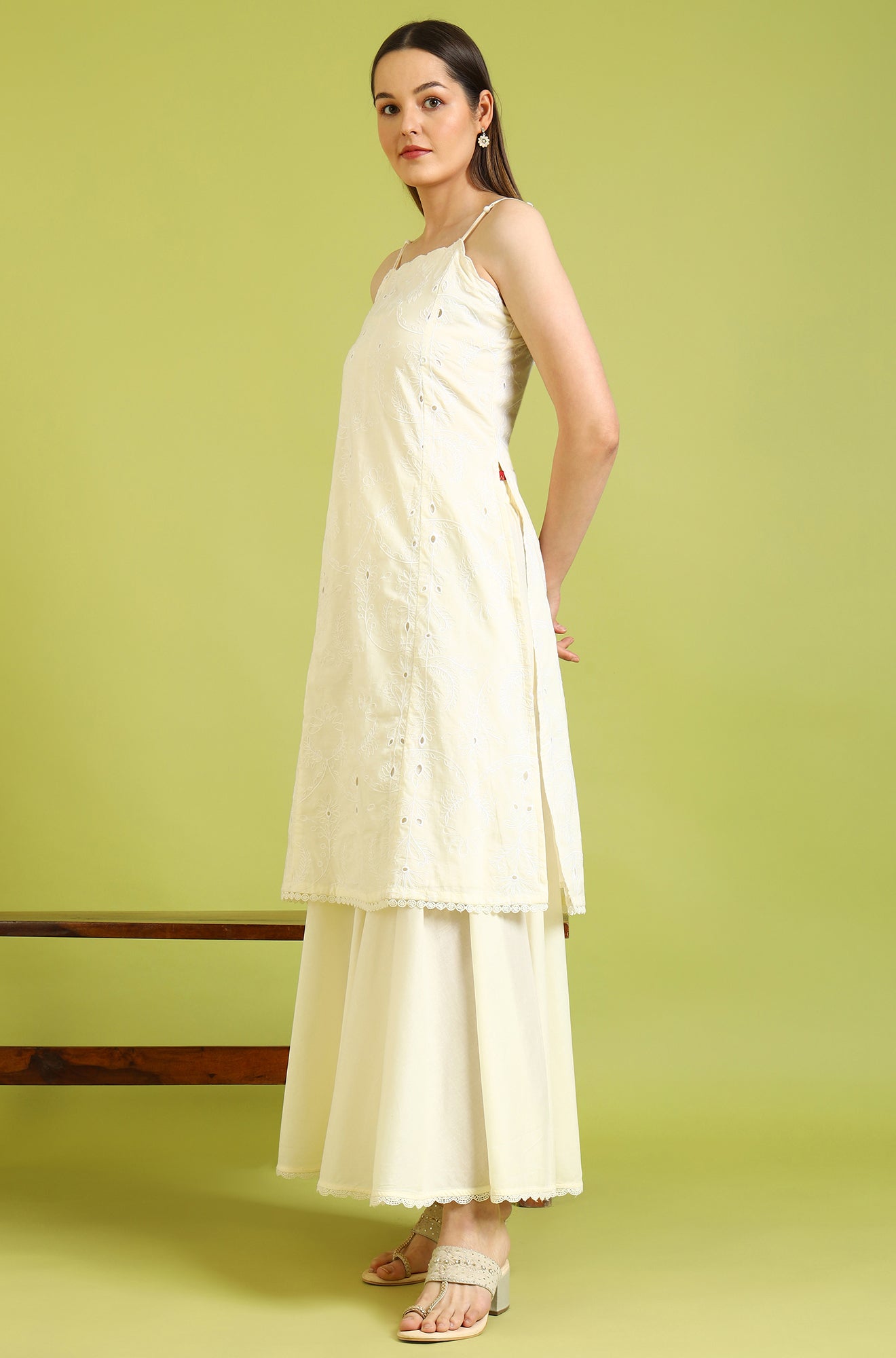 White Embroidered Pure Cotton Straight Spaghetti Kurta and Sharara Set with Dupatta