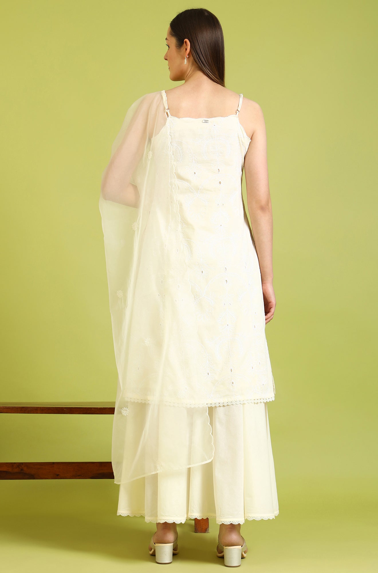 White Embroidered Pure Cotton Straight Spaghetti Kurta and Sharara Set with Dupatta