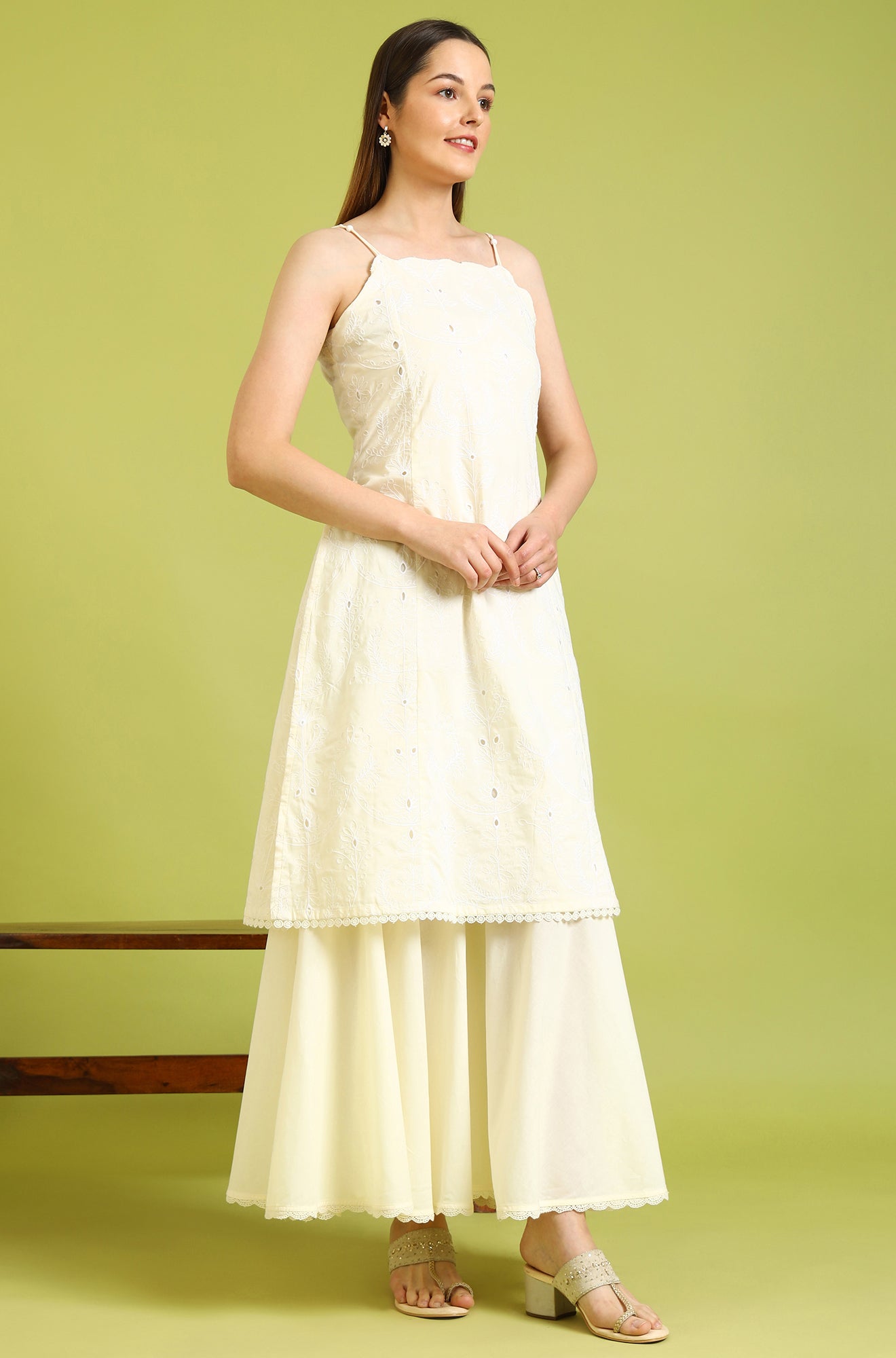 White Embroidered Pure Cotton Straight Spaghetti Kurta and Sharara Set with Dupatta