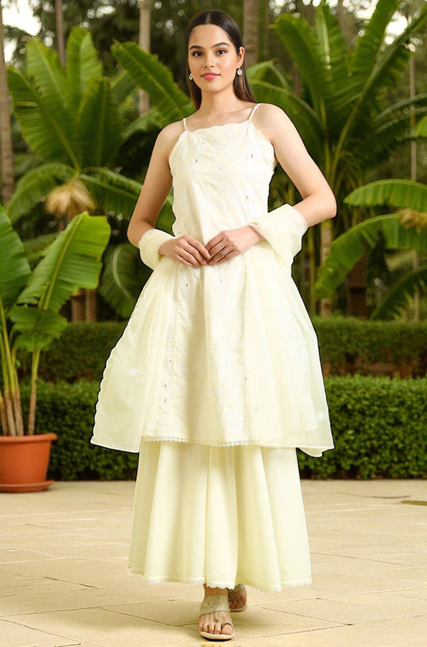 White Embroidered Pure Cotton Straight Spaghetti Kurta and Sharara Set with Dupatta