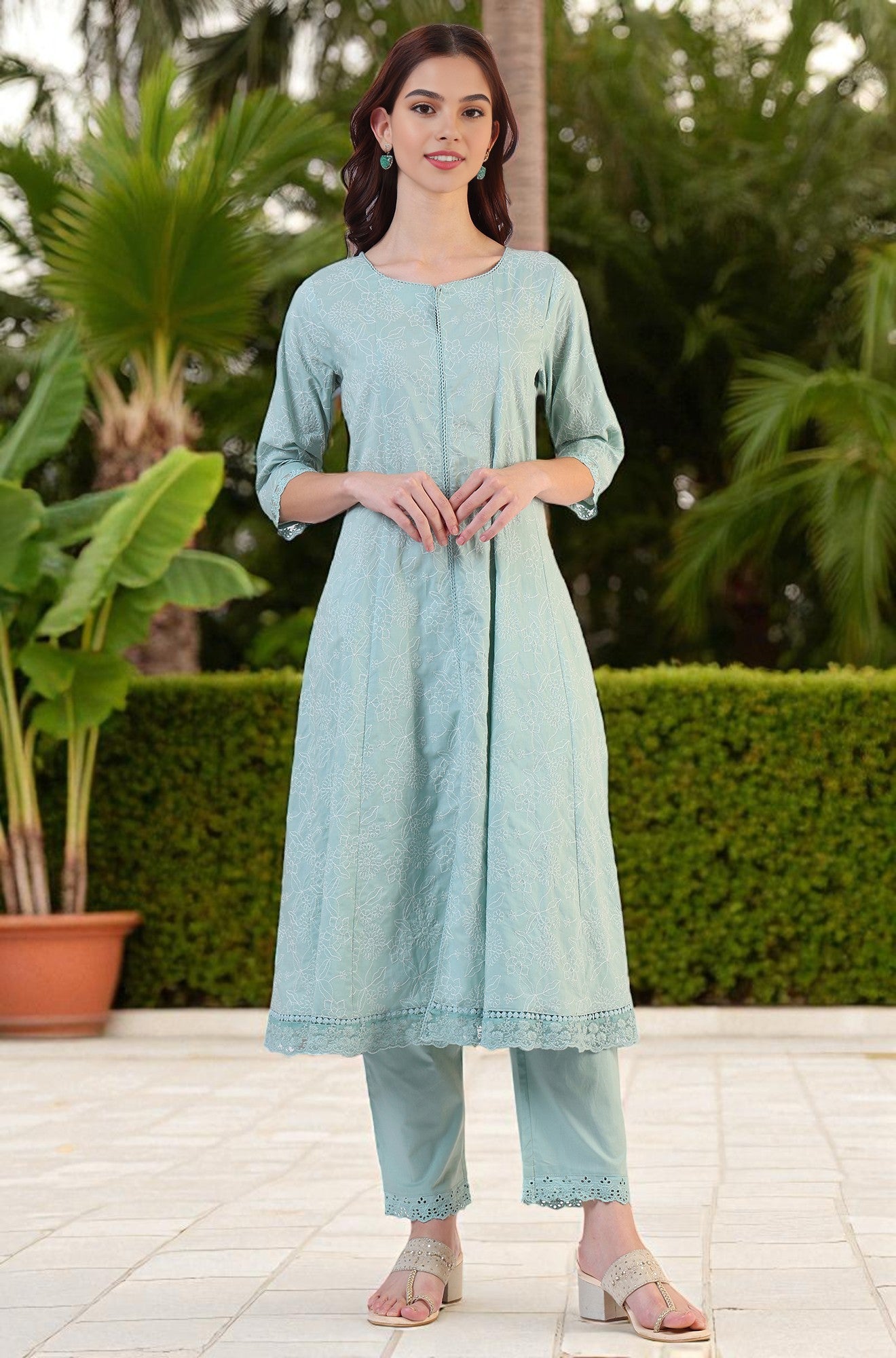Sea Green Schiffili Embroidered Pure Cotton Flared Kurta and Straight Pants Set