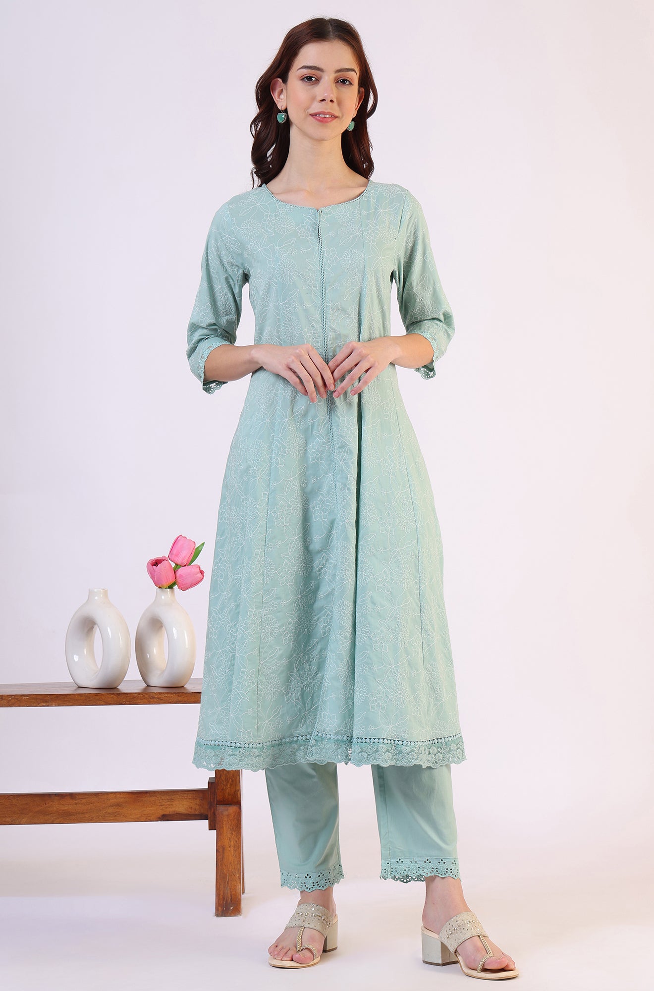Sea Green Schiffili Embroidered Pure Cotton Flared Kurta and Straight Pants Set