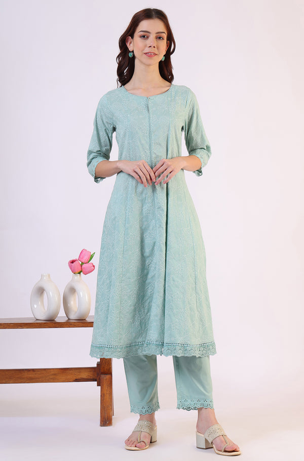 Sea Green Schiffili Embroidered Pure Cotton Flared Kurta and Straight Pants Set