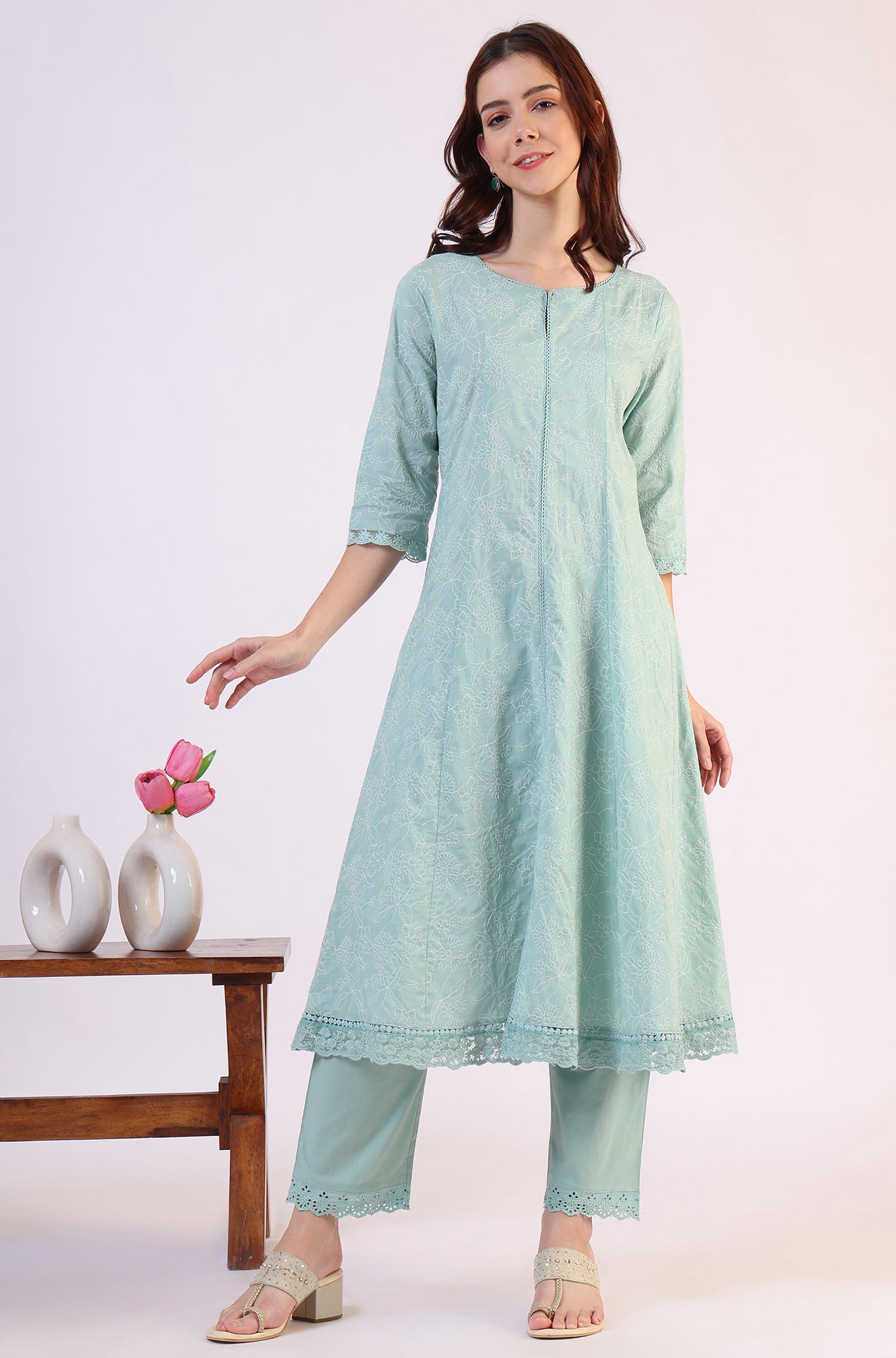 Sea Green Schiffili Embroidered Pure Cotton Flared Kurta and Straight Pants Set