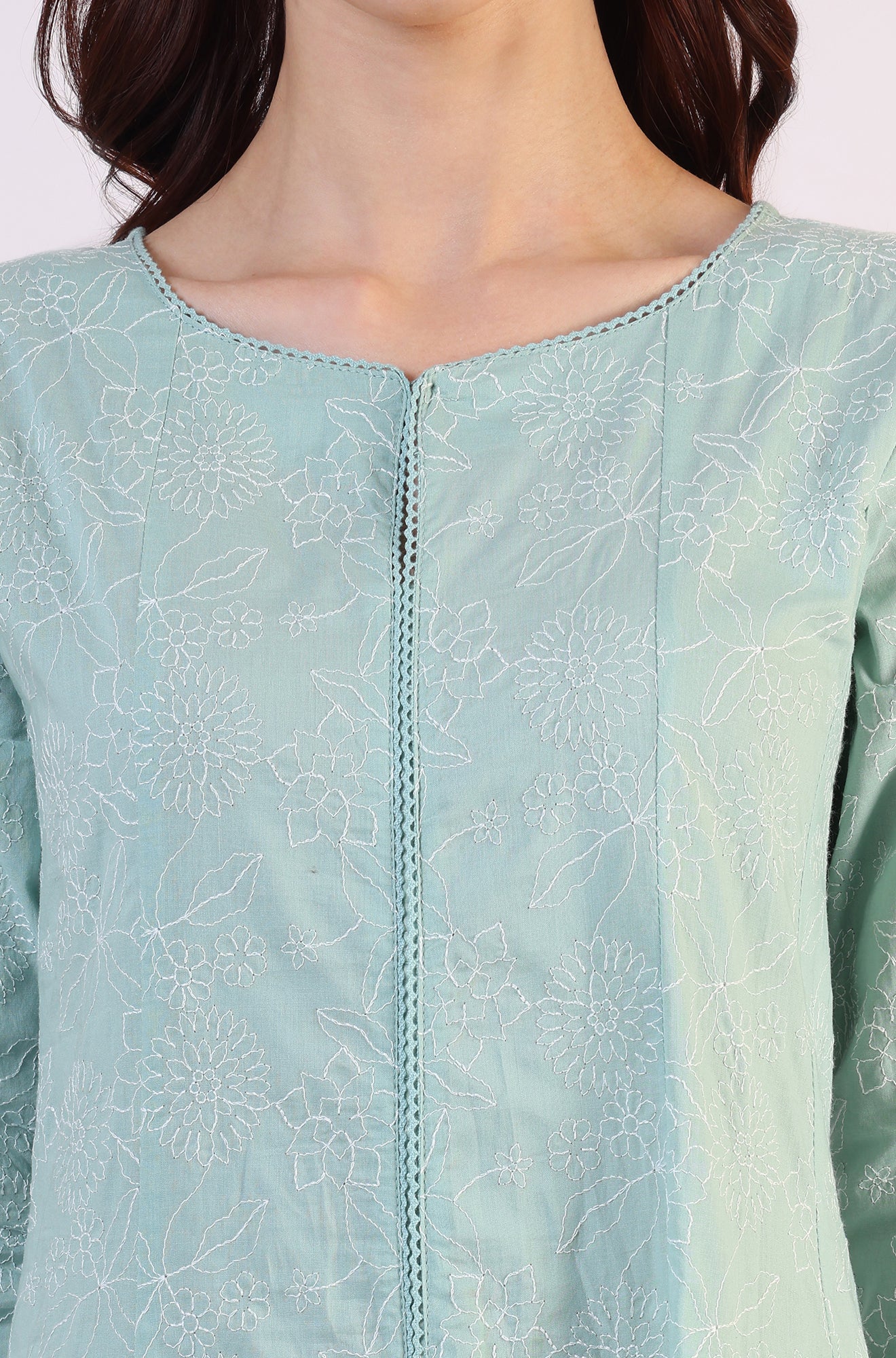 Sea Green Schiffili Embroidered Pure Cotton Flared Kurta and Straight Pants Set