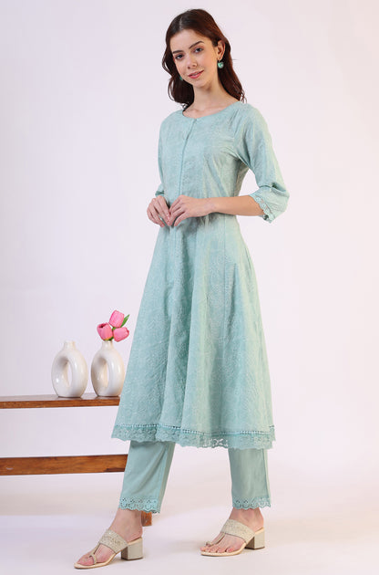 Sea Green Schiffili Embroidered Pure Cotton Flared Kurta and Straight Pants Set