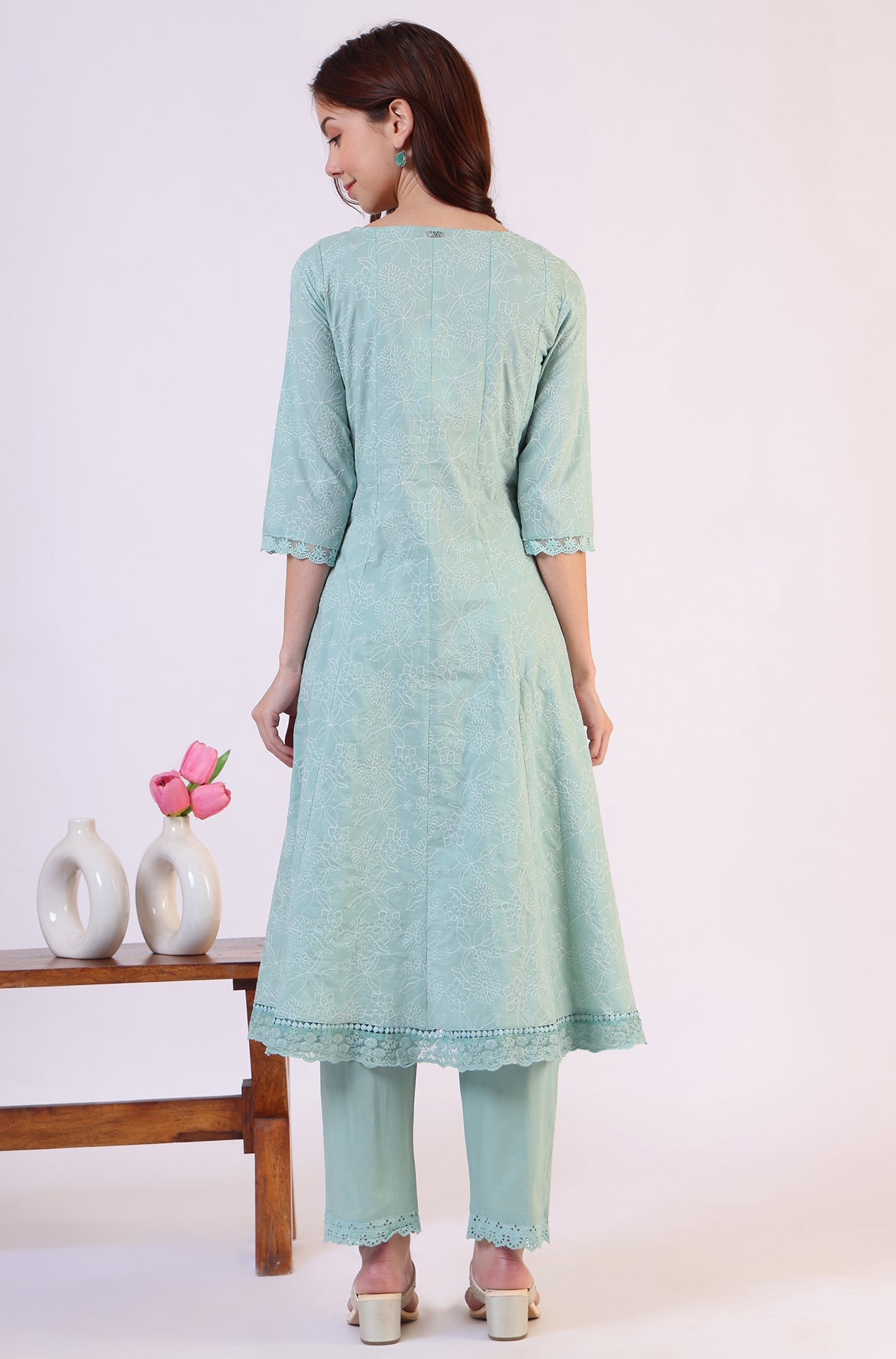 Sea Green Schiffili Embroidered Pure Cotton Flared Kurta and Straight Pants Set