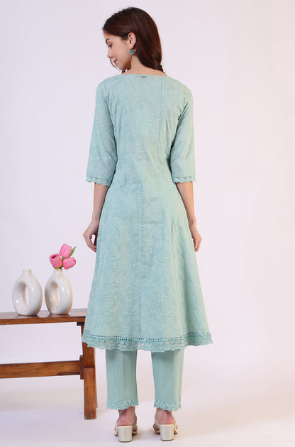 Sea Green Schiffili Embroidered Pure Cotton Flared Kurta and Straight Pants Set