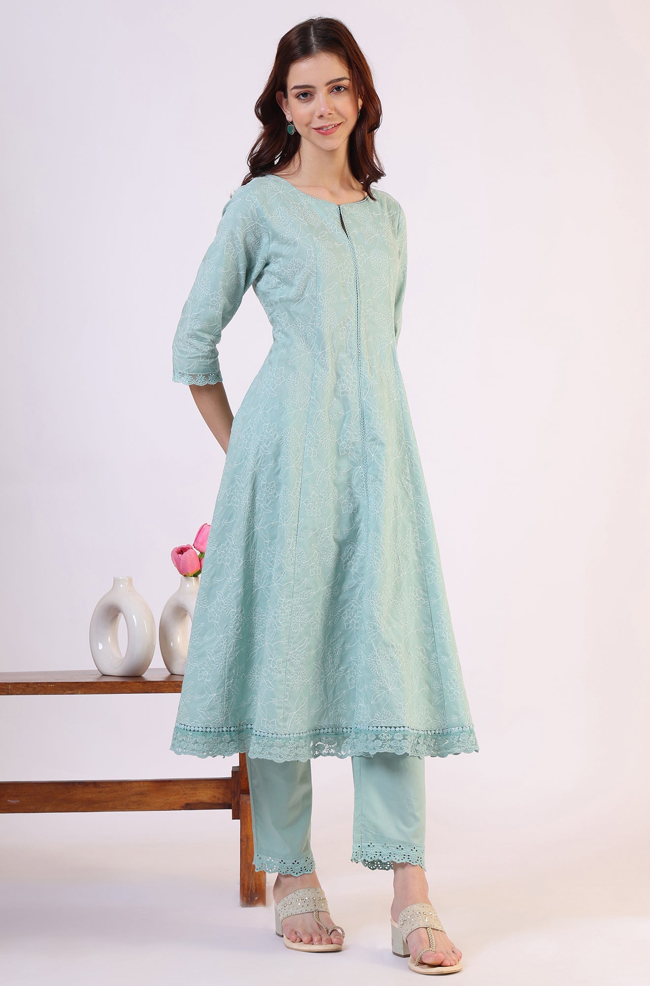 Sea Green Schiffili Embroidered Pure Cotton Flared Kurta and Straight Pants Set