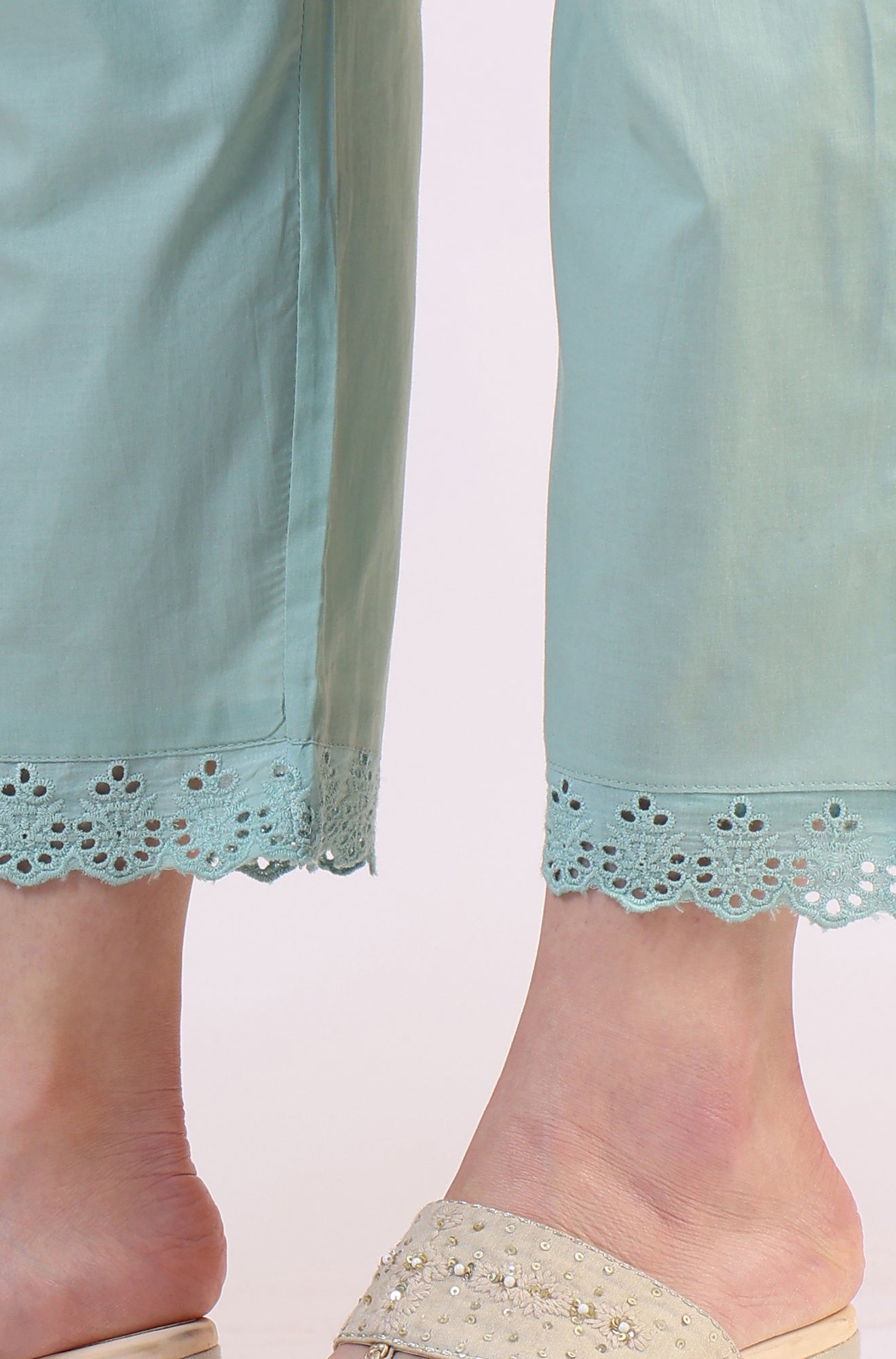 Sea Green Schiffili Embroidered Pure Cotton Flared Kurta and Straight Pants Set