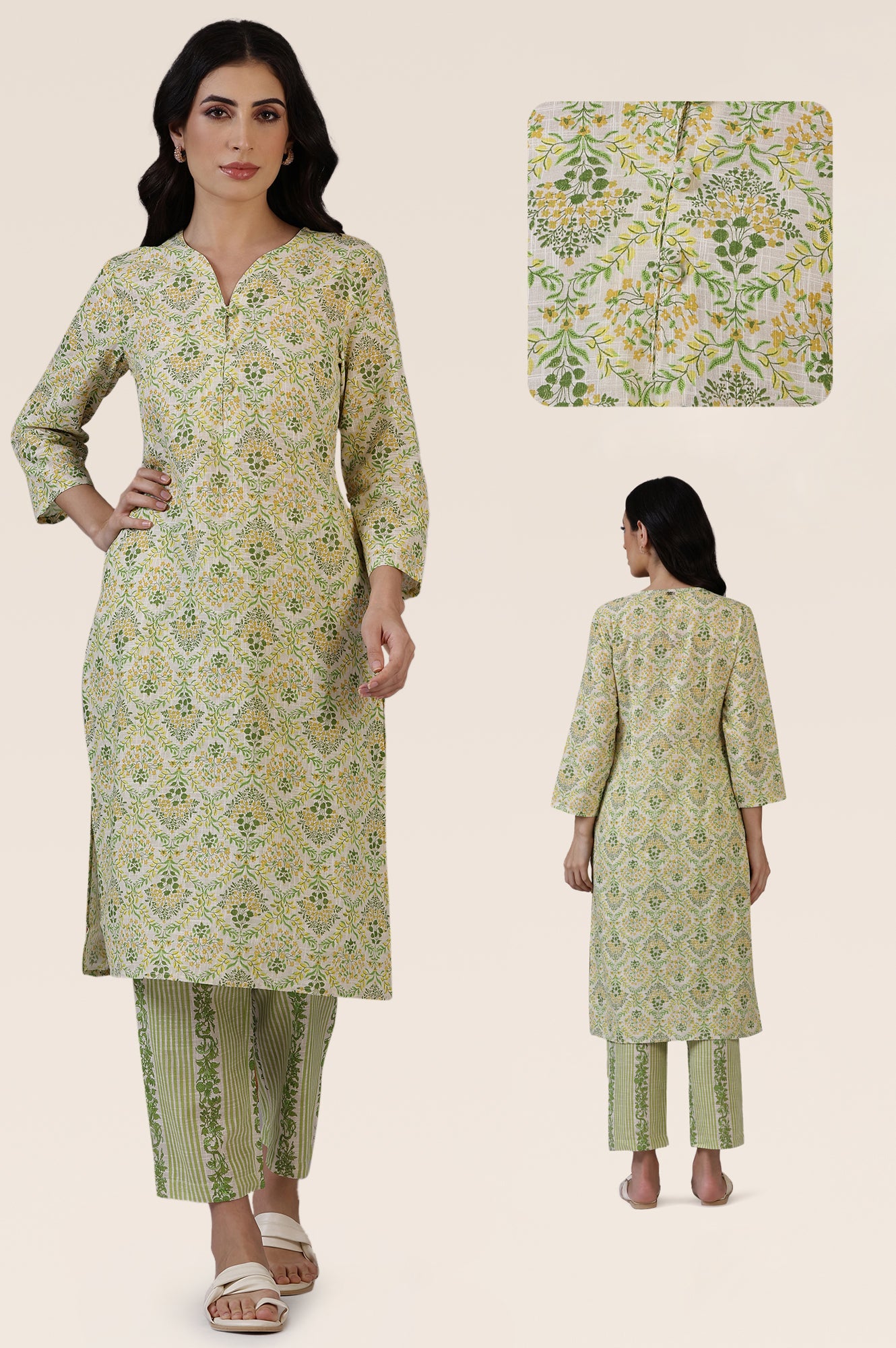 Off-White Floral Printed Pure Cotton A-line Kurta and Pants Co-ord Set