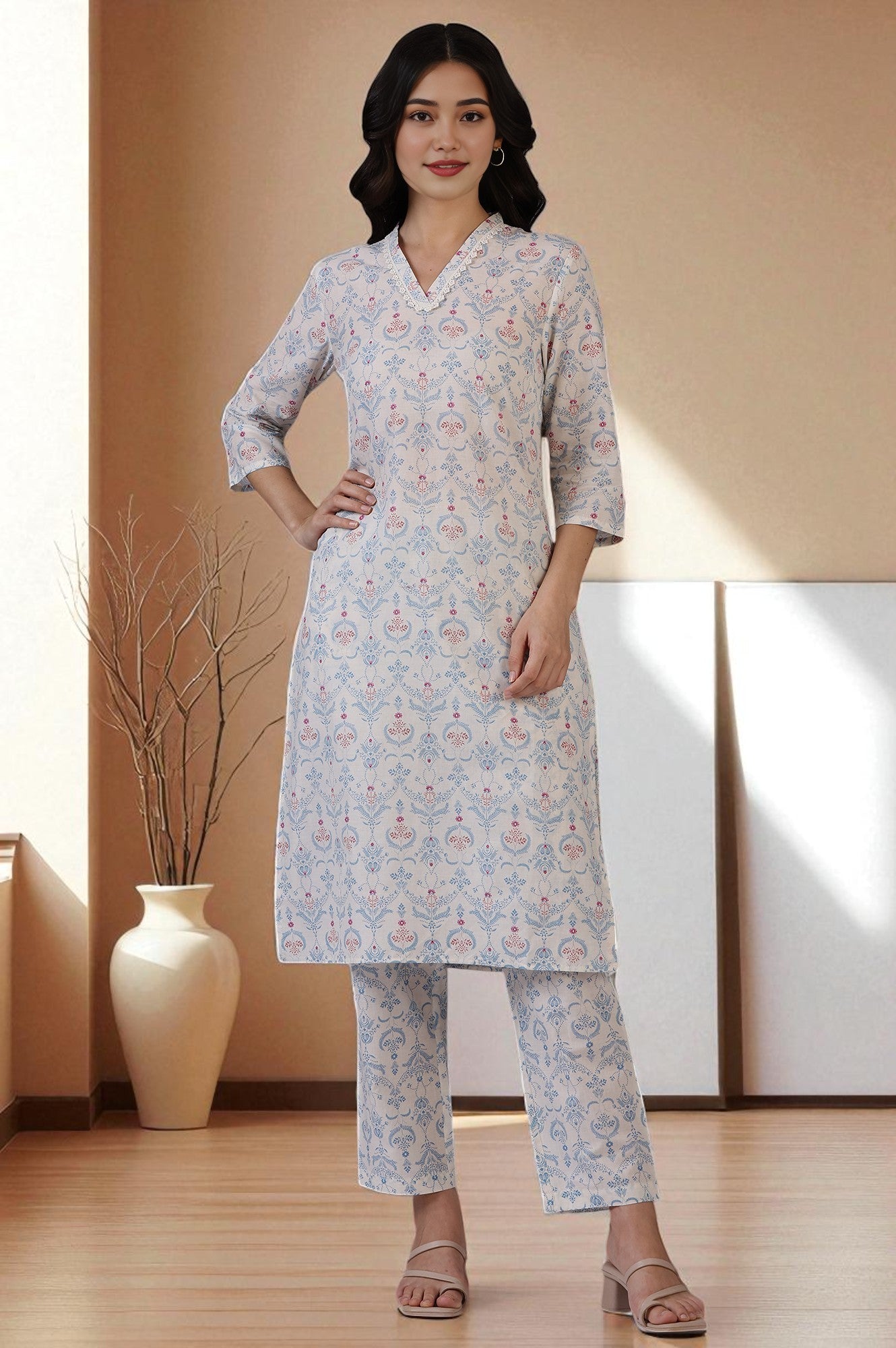Off-White Floral Printed Pure Cotton Straight Kurta and Pants Co-ord Set