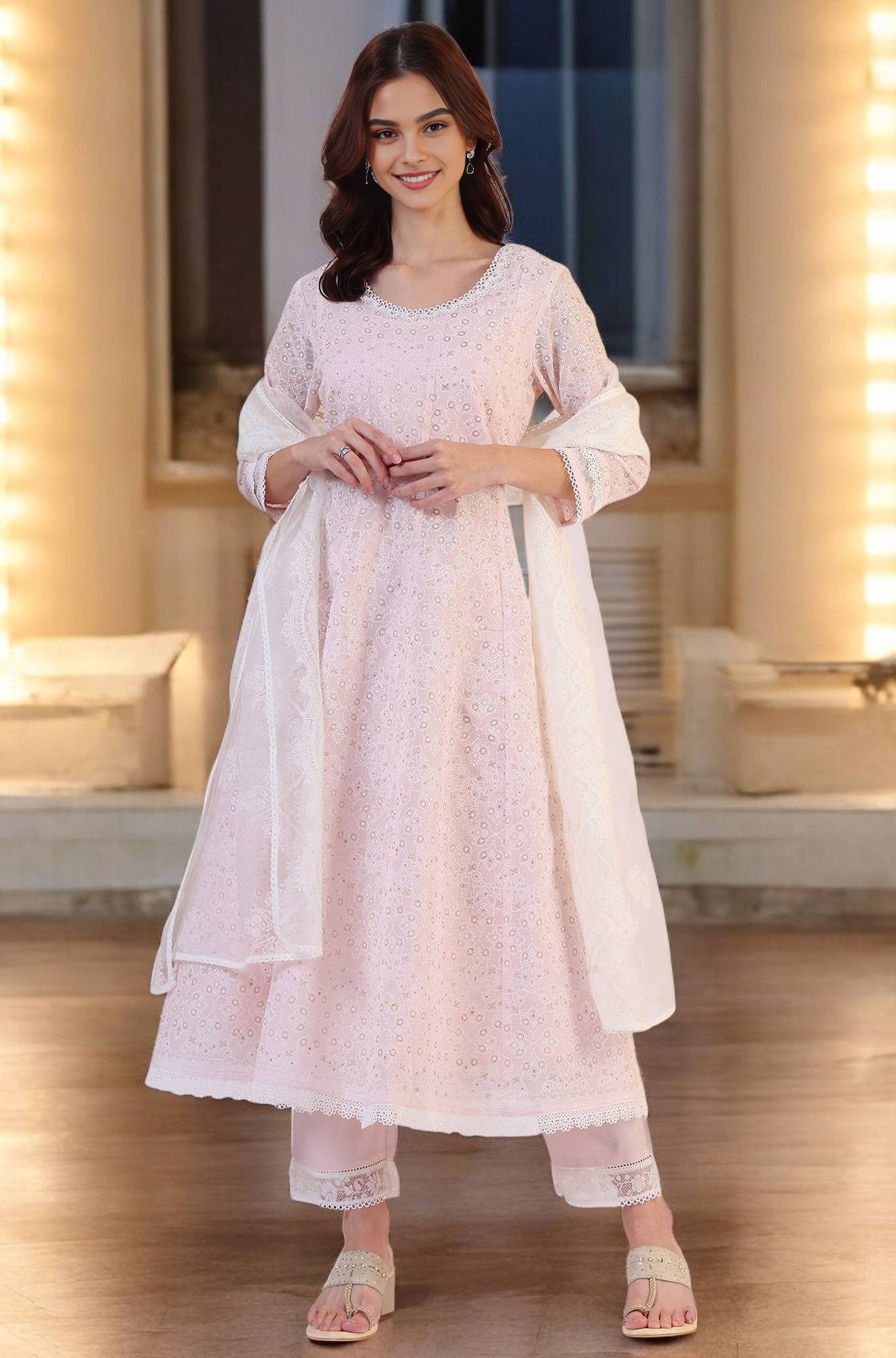 Pink Geometric Printed Anarkali Kota Kurta &amp; Straight Pant With Dupatta Set