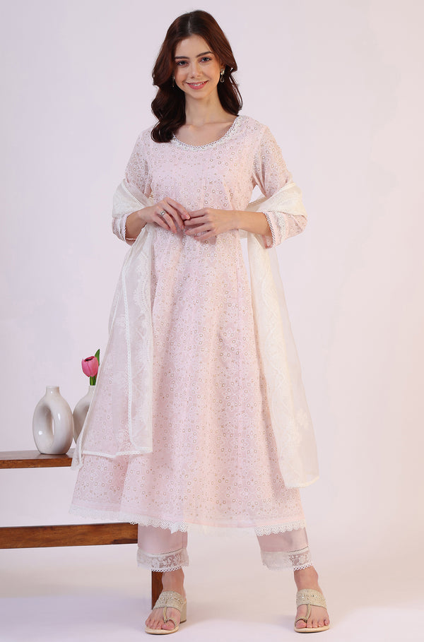 Pink Geometric Printed Anarkali Kota Kurta & Straight Pant With Dupatta Set