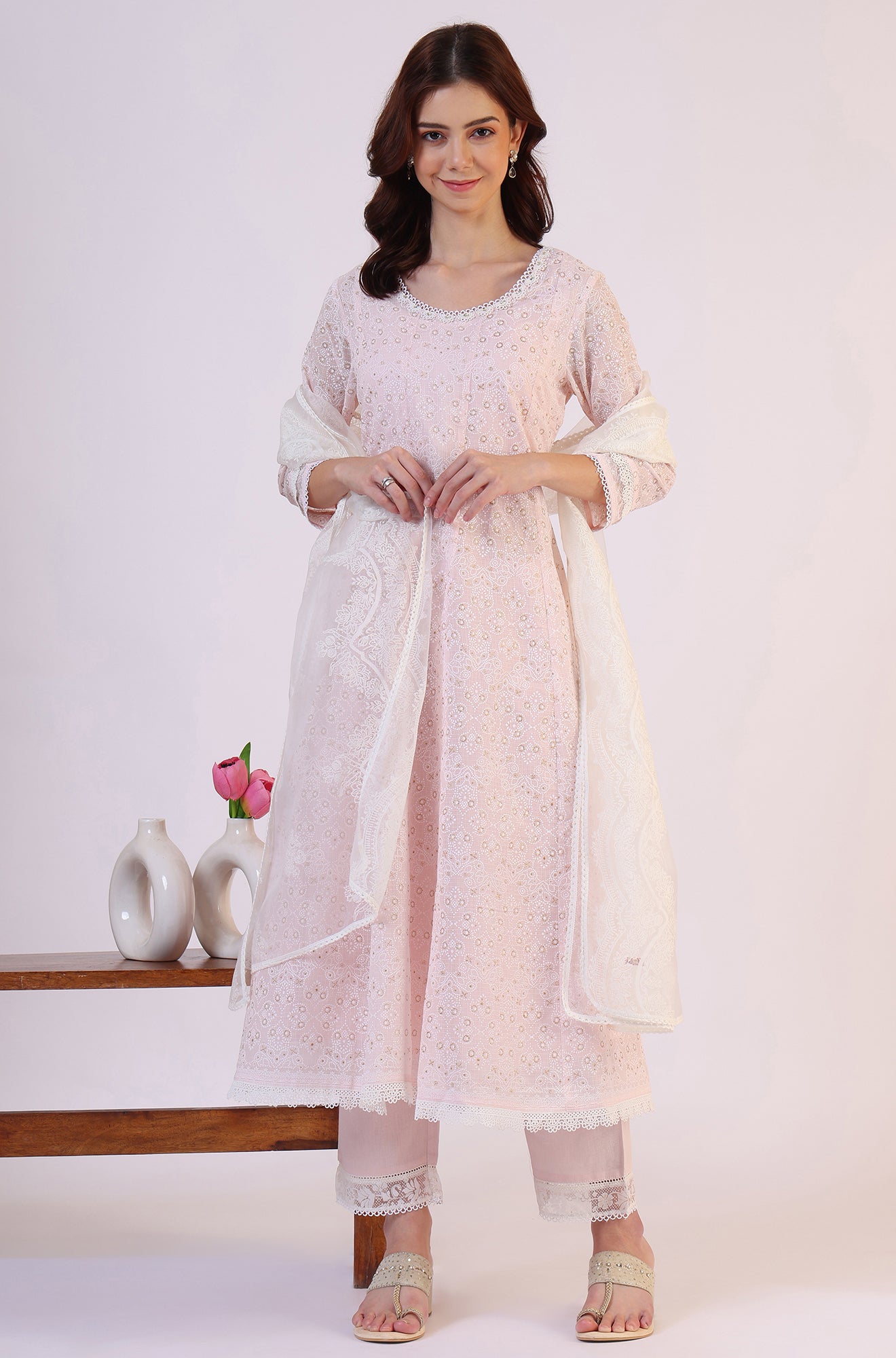 Pink Geometric Printed Anarkali Kota Kurta &amp; Straight Pant With Dupatta Set