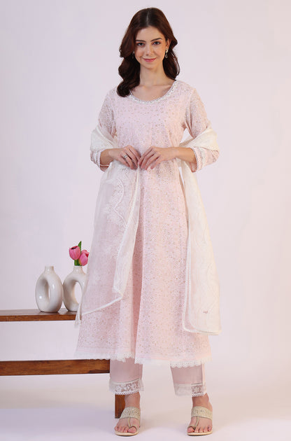 Pink Geometric Printed Anarkali Kota Kurta &amp; Straight Pant With Dupatta Set