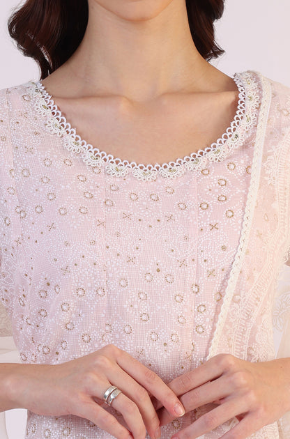 Pink Geometric Printed Anarkali Kota Kurta &amp; Straight Pant With Dupatta Set