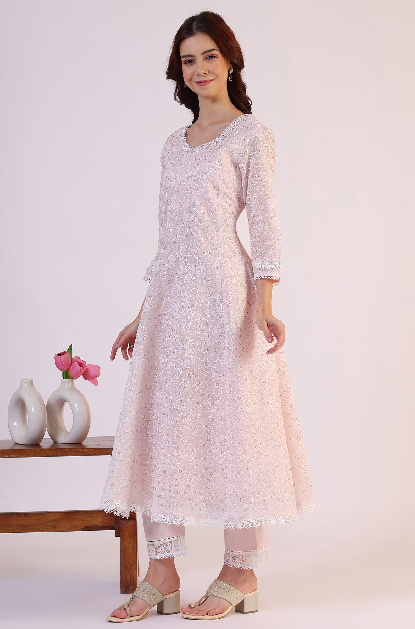 Pink Geometric Printed Anarkali Kota Kurta &amp; Straight Pant With Dupatta Set