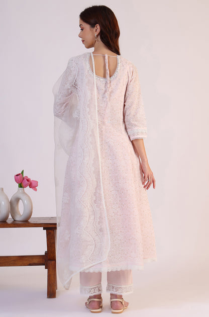 Pink Geometric Printed Anarkali Kota Kurta &amp; Straight Pant With Dupatta Set