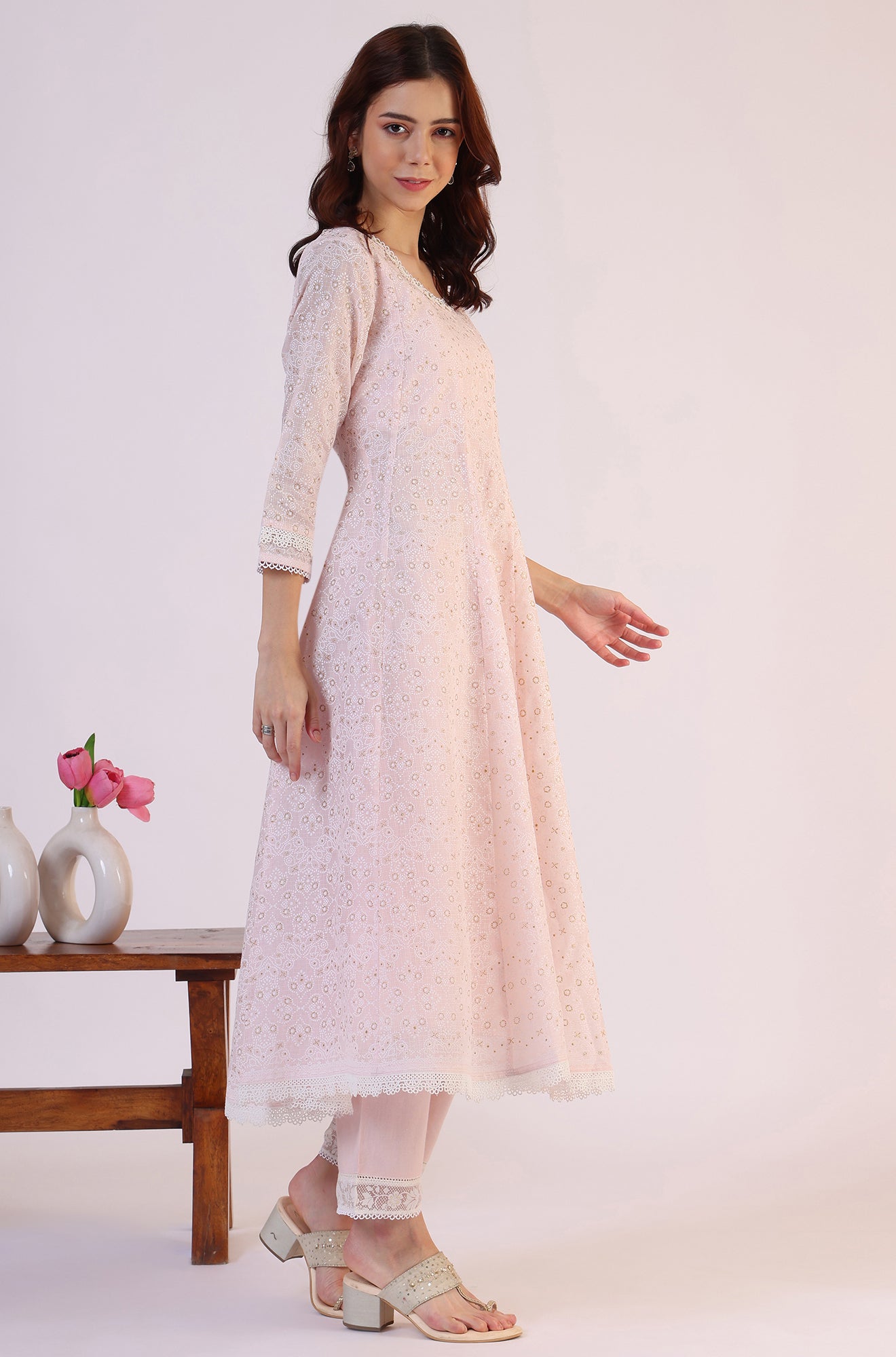 Pink Geometric Printed Anarkali Kota Kurta &amp; Straight Pant With Dupatta Set