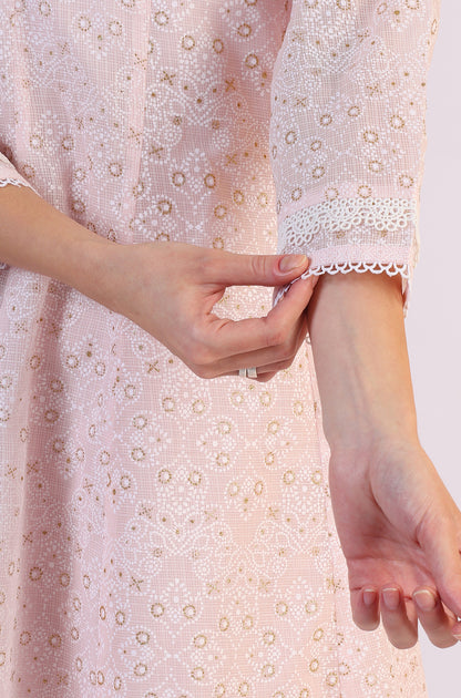 Pink Geometric Printed Anarkali Kota Kurta &amp; Straight Pant With Dupatta Set