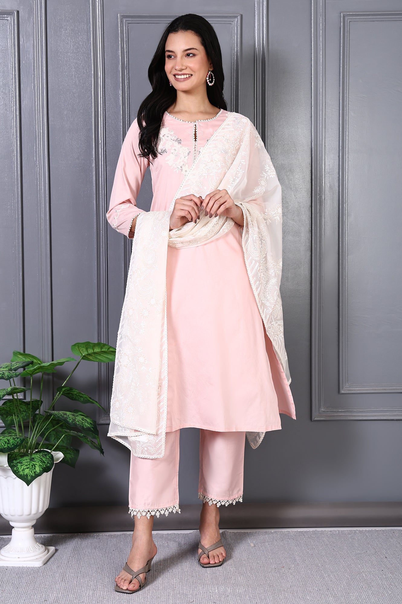 Peach Printed Thread Embroidered A-line Kurta Set