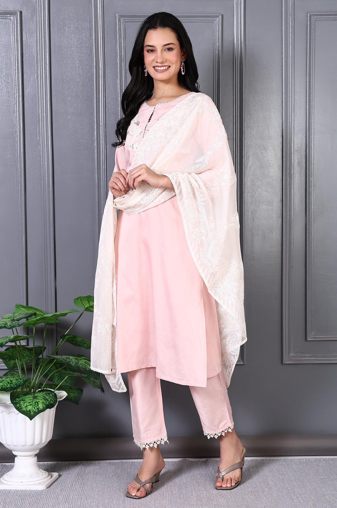 Peach Printed Thread Embroidered A-line Kurta Set