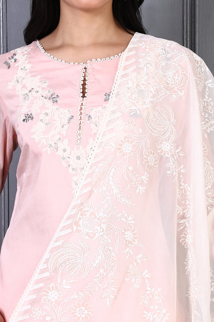 Peach Printed Thread Embroidered A-line Kurta Set