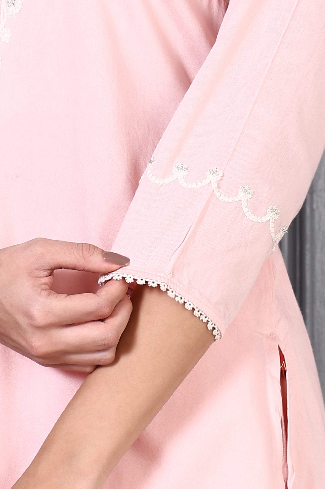 Peach Printed Thread Embroidered A-line Kurta Set