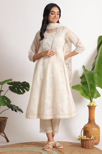 White Printed Mock Layered Flared Chanderi Kurta, Pants and Dupatta Set
