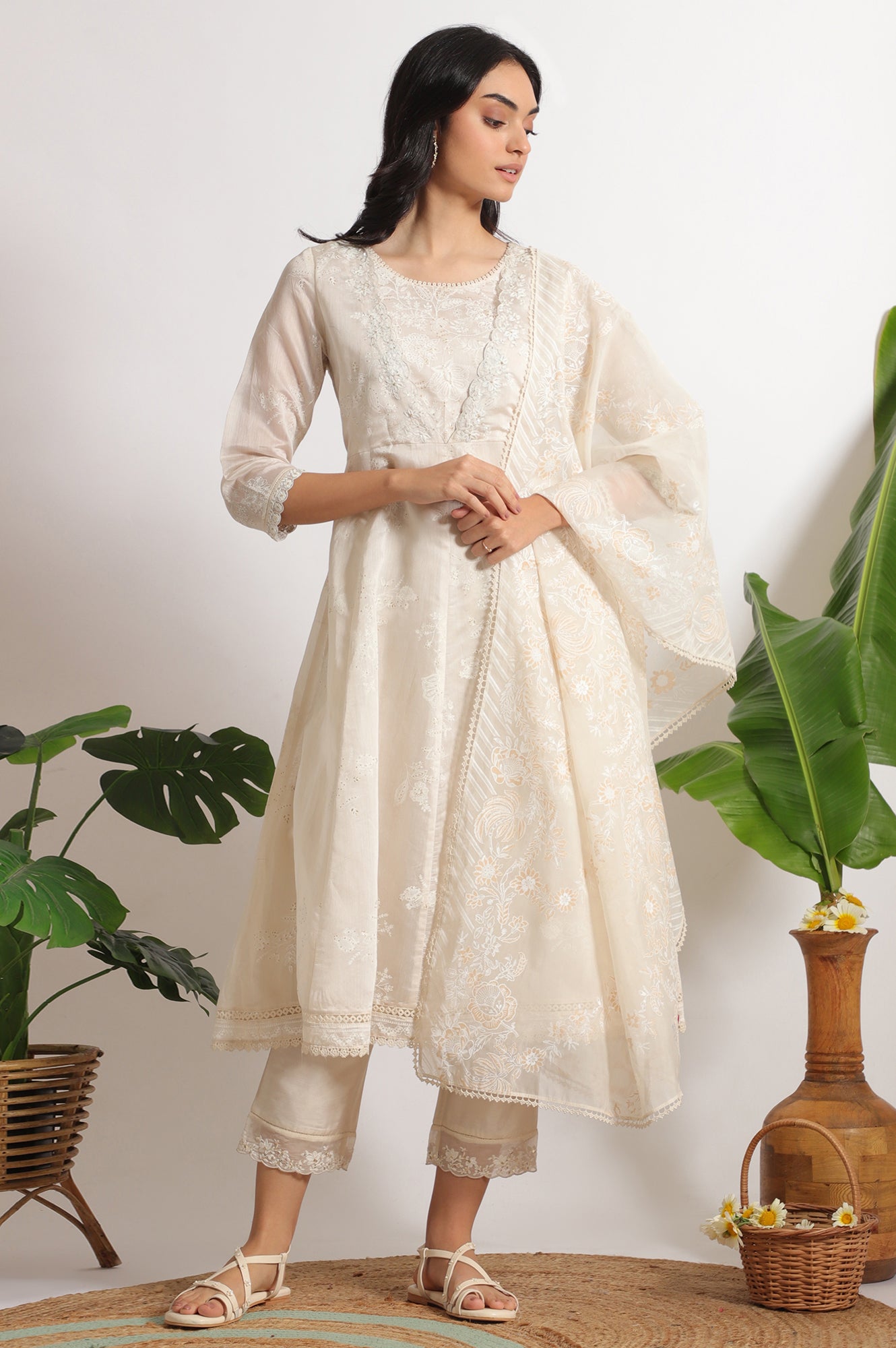 White Printed Mock Layered Flared Chanderi Kurta, Pants and Dupatta Set