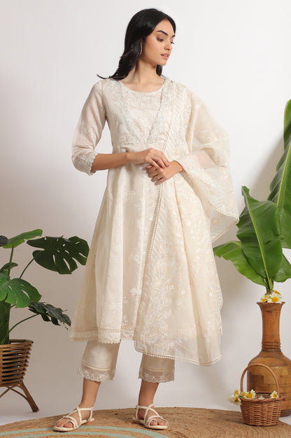 White Printed Mock Layered Flared Chanderi Kurta, Pants and Dupatta Set