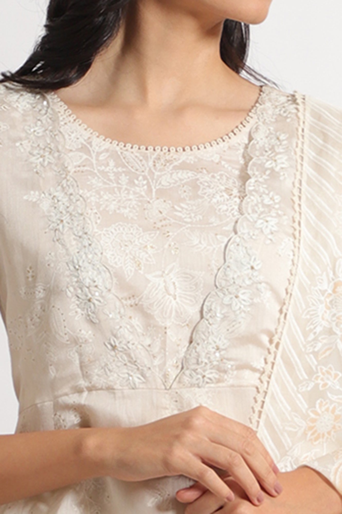 White Printed Mock Layered Flared Chanderi Kurta, Pants and Dupatta Set