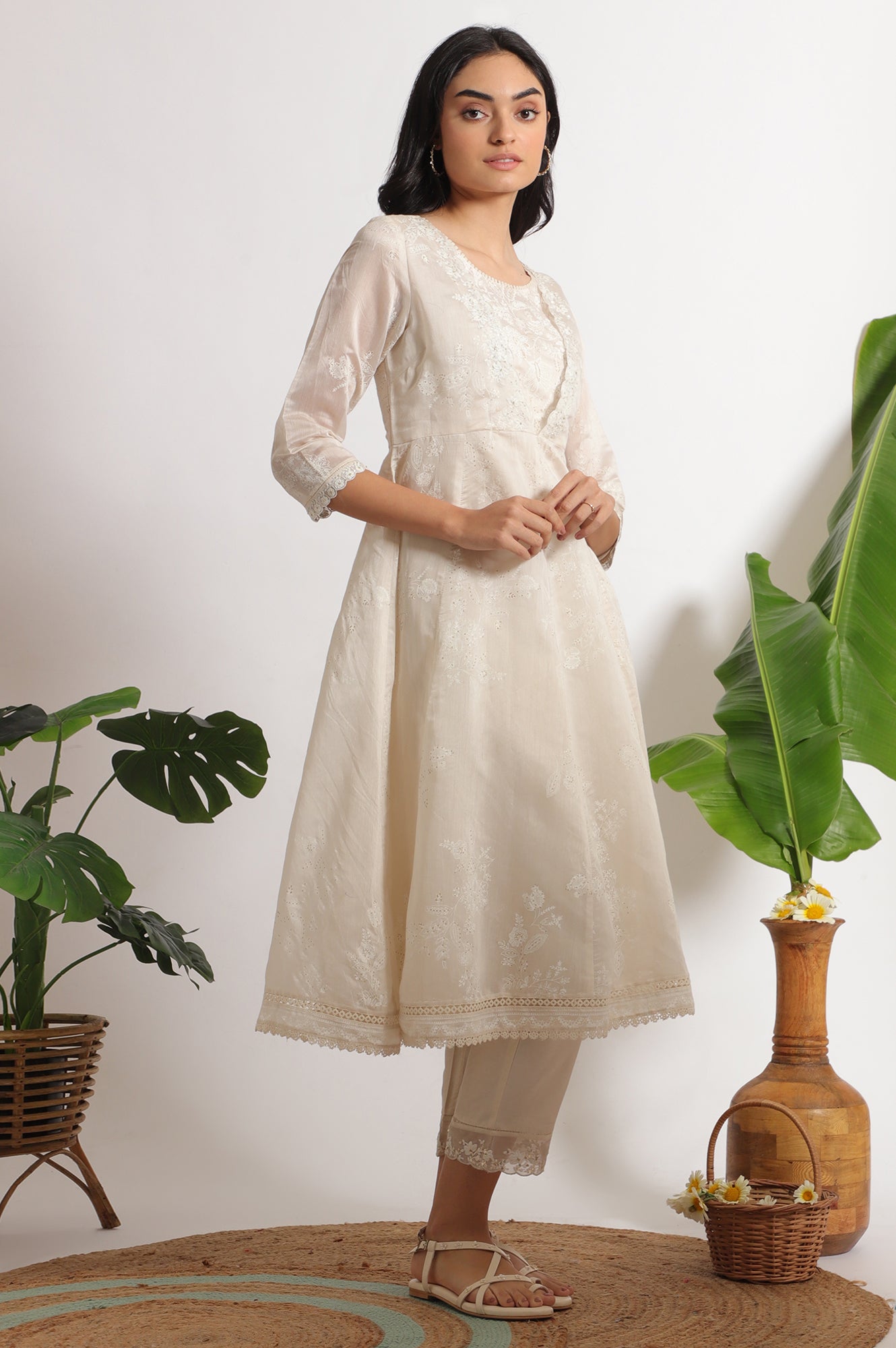 White Printed Mock Layered Flared Chanderi Kurta, Pants and Dupatta Set