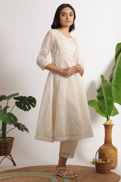 White Printed Mock Layered Flared Chanderi Kurta, Pants and Dupatta Set