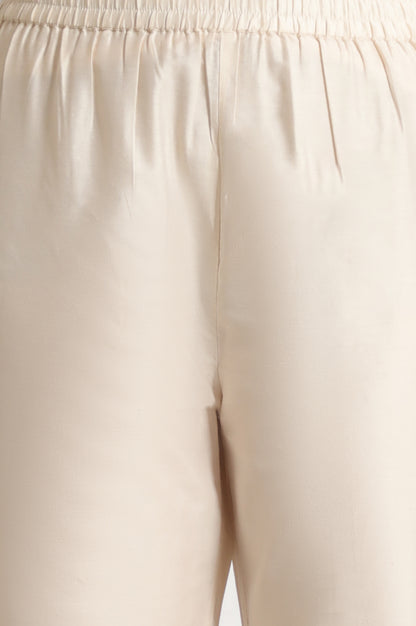 White Printed Mock Layered Flared Chanderi Kurta, Pants and Dupatta Set