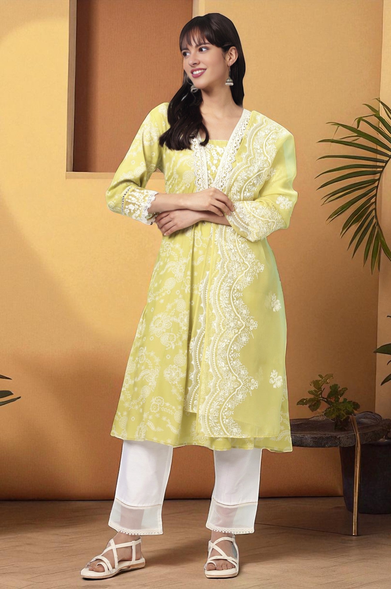 Lime Green Floral Printed Shantung Flared Kurta, Straight Pants and Dupatta Set