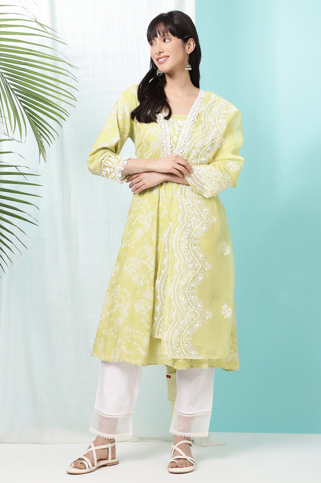 Lime Green Floral Printed Shantung Flared Kurta, Straight Pants and Dupatta Set