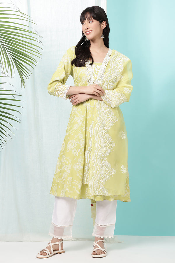 Lime Green Floral Printed Shantung Flared Kurta, Straight Pants and Dupatta Set