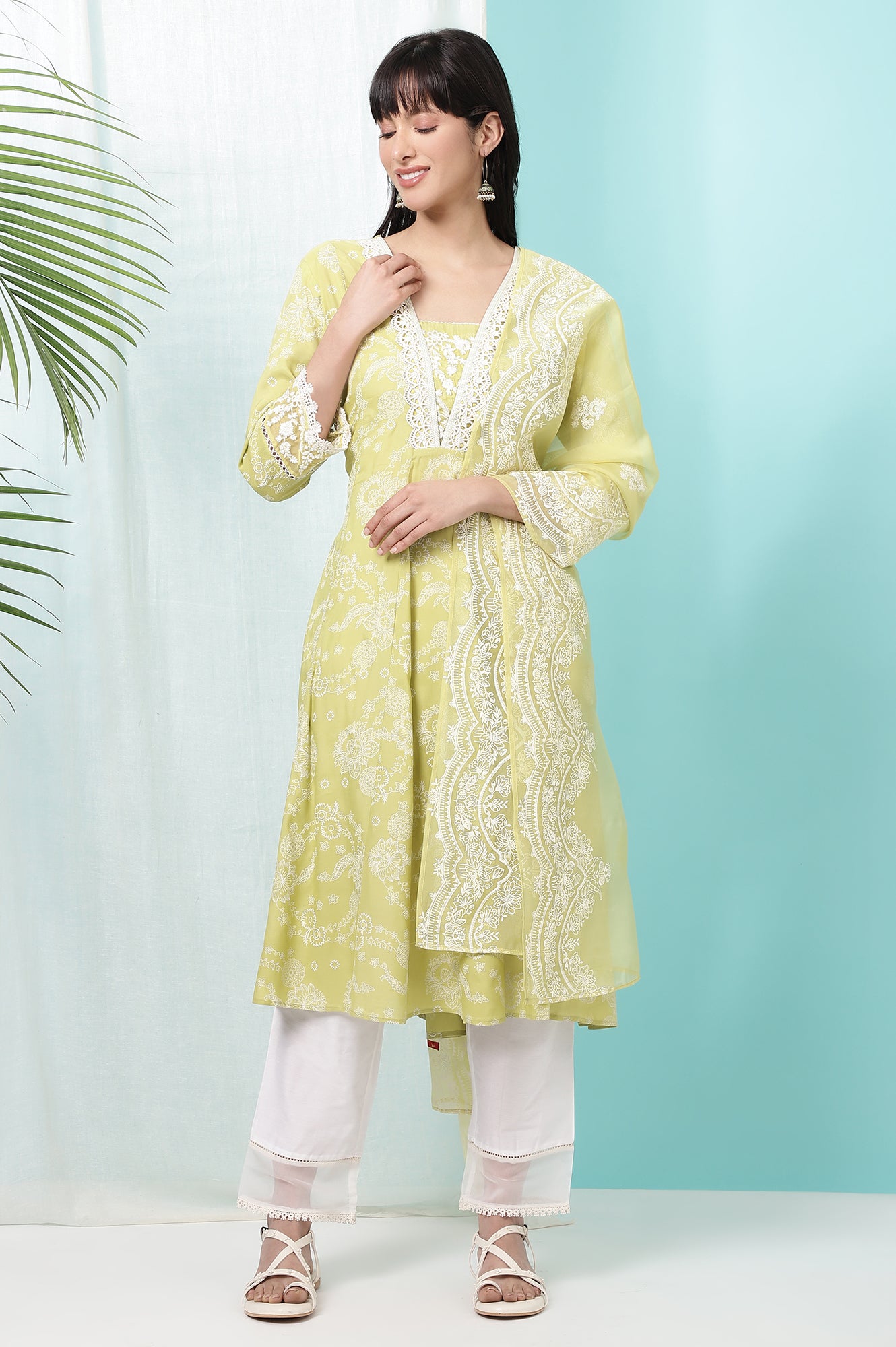 Lime Green Floral Printed Shantung Flared Kurta, Straight Pants and Dupatta Set