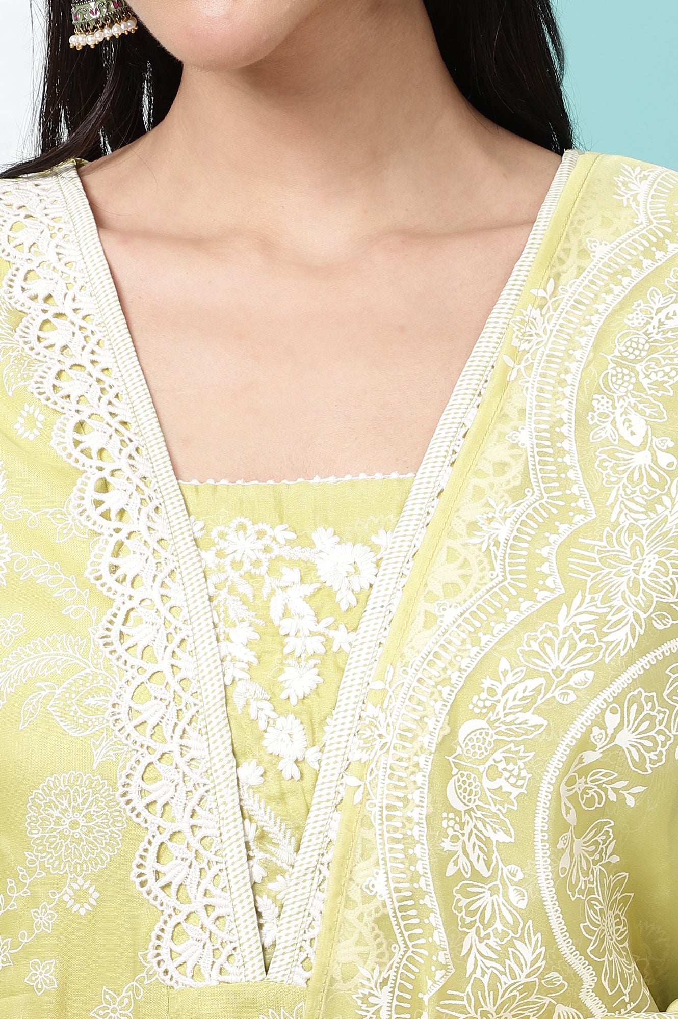 Lime Green Floral Printed Shantung Flared Kurta, Straight Pants and Dupatta Set