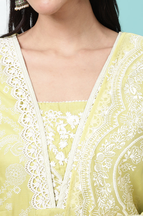 Lime Green Floral Printed Shantung Flared Kurta, Straight Pants and Dupatta Set