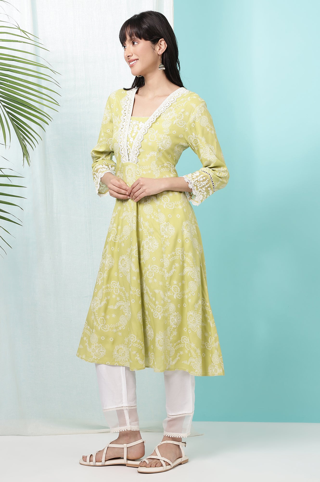 Lime Green Floral Printed Shantung Flared Kurta, Straight Pants and Dupatta Set