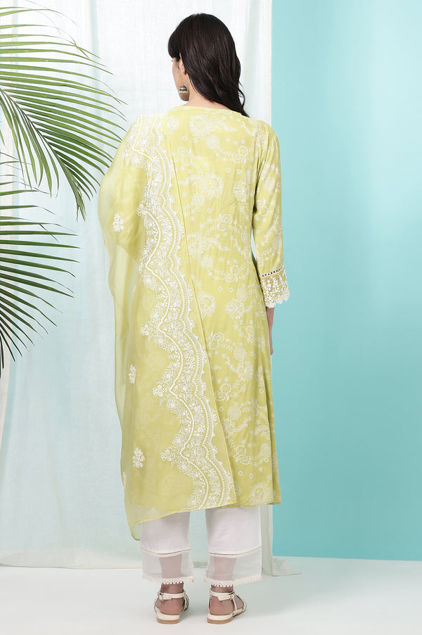 Lime Green Floral Printed Shantung Flared Kurta, Straight Pants and Dupatta Set