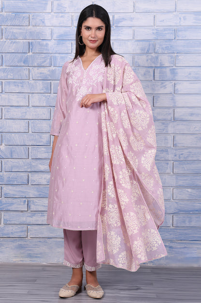 Purple Thread Embroidered Chanderi A-Line Kurta, Straight Pant And Dupatta Set
