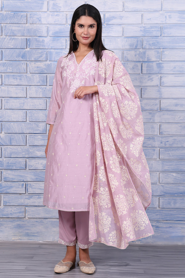 Purple Thread Embroidered Chanderi A-Line Kurta, Straight Pant And Dupatta Set