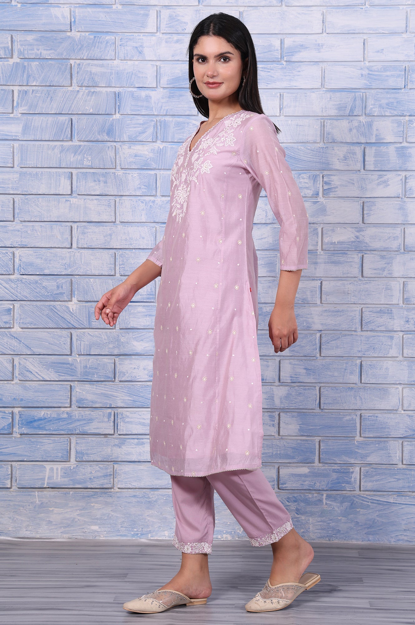 Purple Thread Embroidered Chanderi A-Line Kurta, Straight Pant And Dupatta Set